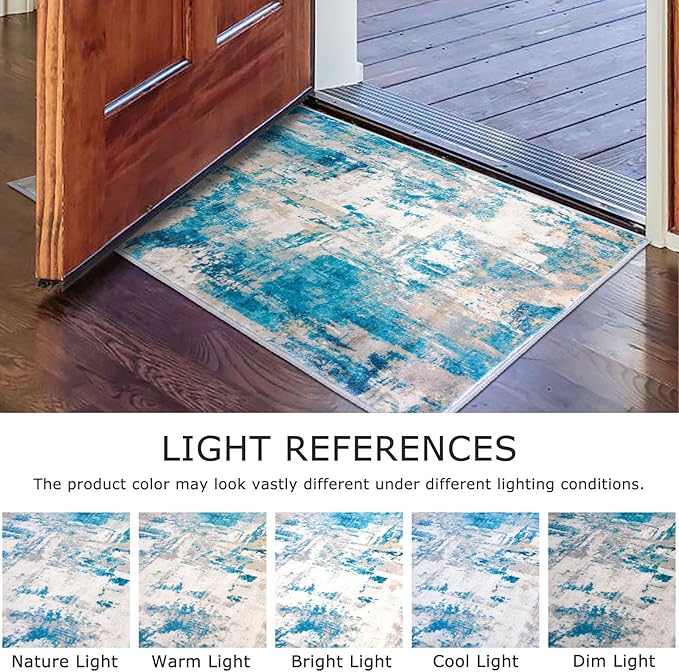 KOZYFLY Modern Abstract Runner Rug 2x6 Turquoise/Beige/Grey/Yellow Runners for Hallways Kitchen Rug Non Slip Washable Carpet Rug Runner Laundry Mat with Soft Low Pile for Entryway Bathroom Bedroom