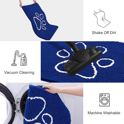 Smiry Dog Door Mat for Muddy Paws, Absorbent Dirt Trapper Non Slip Quick Dry Washable Chenille Mat for Mud Dogs, Entry Rug for Indoor and Outdoor (30x20 Inches, Royal Blue and White)