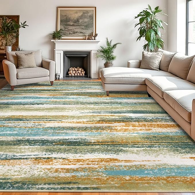 Lansny Modern Abstract 9x12 Large Machine Washable Living Room Rug Non-Slip Soft Bedroom Area Rug Green Mustard Multi Ultra Thin Print Faux Wool Carpet Throw Rugs for Playroom Dining Room Indoor