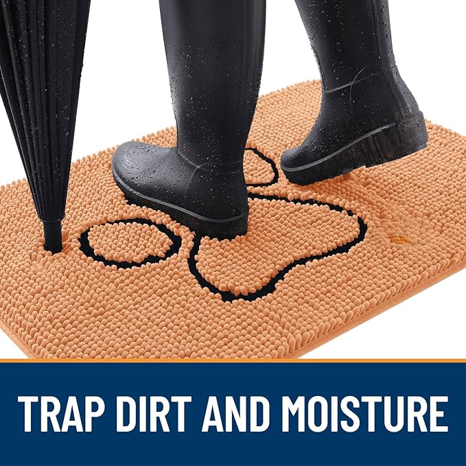 OLANLY Dog Door Mat for Muddy Paws 48x30, Paw Print Design, Absorbs Moisture and Dirt, Absorbent Non-Slip Washable Doormat, Quick Dry Chenille Mud Mat for Dogs, Entry Indoor Entryway Carpet, Orange