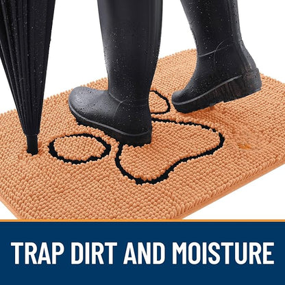 OLANLY Dog Door Mat for Muddy Paws 48x30, Paw Print Design, Absorbs Moisture and Dirt, Absorbent Non-Slip Washable Doormat, Quick Dry Chenille Mud Mat for Dogs, Entry Indoor Entryway Carpet, Orange