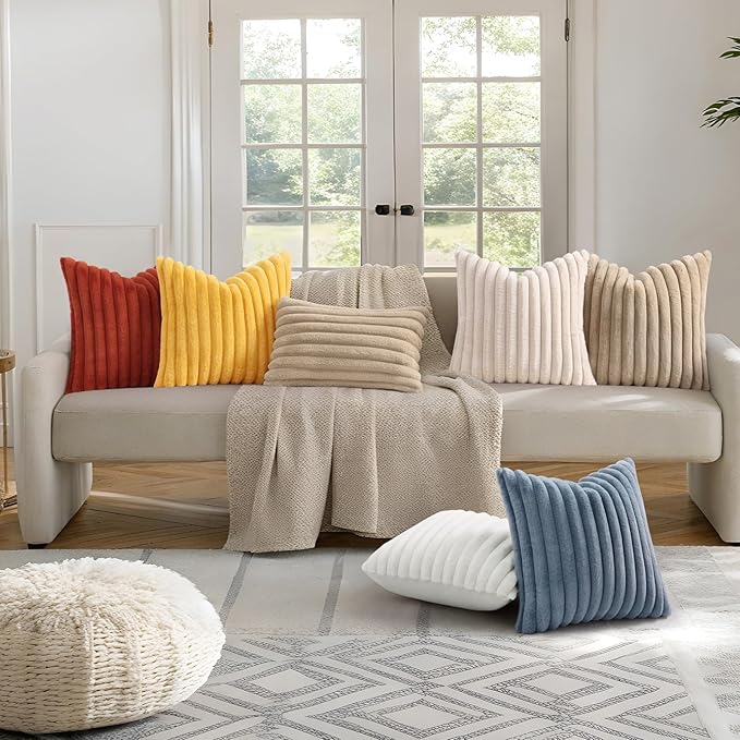 decorUhome Cozy Faux Fur Throw Pillow Covers 24x24 Set of 2 Decorative Soft Plush Striped Modern Farmhouse Boho Couch Euro Sham Pillow Cases with Velvet Back for Sofa Bed Living Room, Khaki Brown