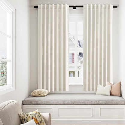 Cream 100% Blackout Linen Curtains 63 Inch Length 2 Panels Set for Living Room Bedroom Back Tab Thermal Insulated Black Out Drapes Room Darkening Farmhouse Style for Bedroom Window Curtains 52x63