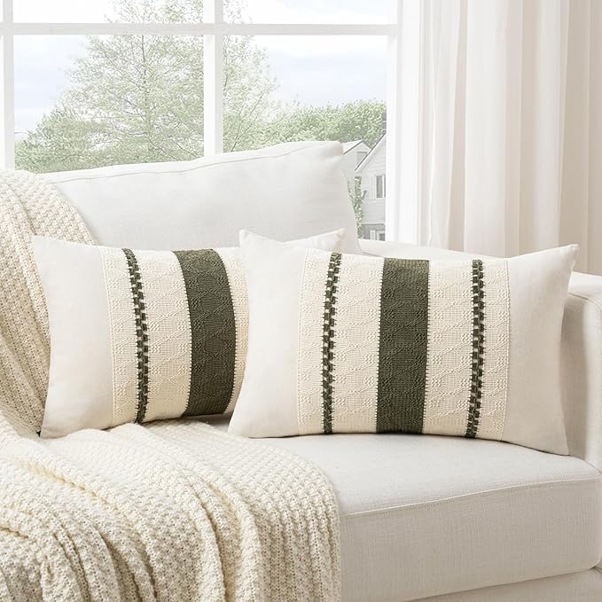 Fancy Homi Set of 1 Boho Olive Green Long Lumbar Decorative Throw Pillow Cover 14x24 Inch for Couch Bed Sofa Chair, Modern Organic Farmhouse Home Decor, Soft Cotton Cute Accent Rectangle Cushion Case