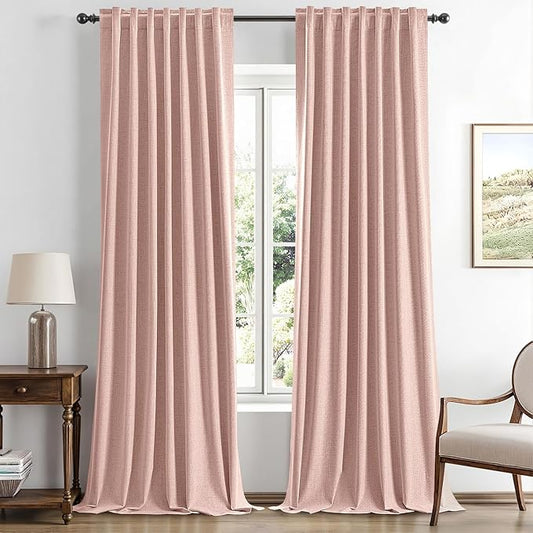 MIULEE 100% Blackout Linen Curtains for Bedroom, Blush Pink Solid Luxury Decor Thermal Insulation Room Darkening Drapes for Living Room Nursery Back Tab Rod Pocket 42 x 96 Inches, 2 Panels