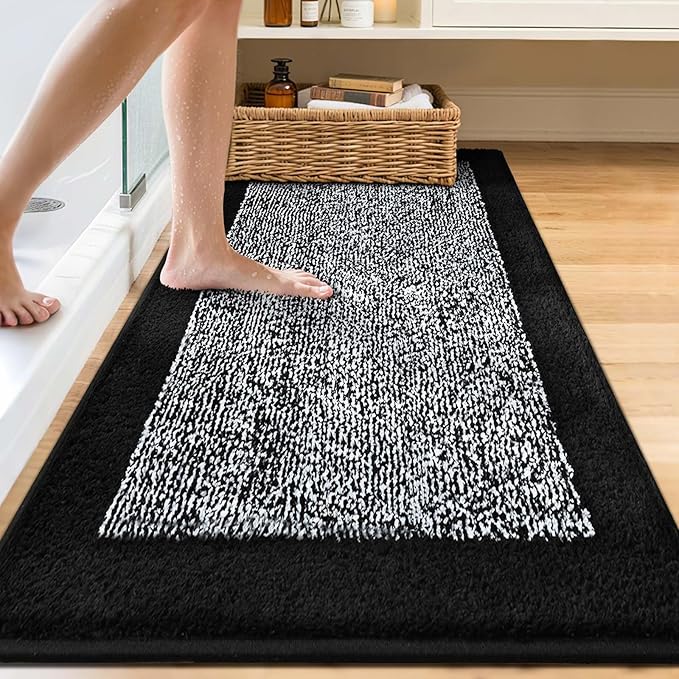 60x24 Long Bathroom Rugs Washable Non Slip, Black Bath Mat for Bathroom Floor Tub, Soft Absorbent Quick Dry Mats for Shower,Bathtub,Home Decor