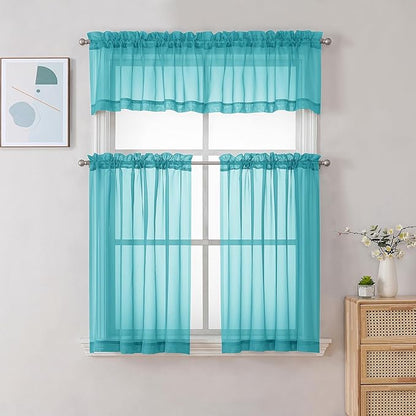 Chyhomenyc Turquoise Sheer Curtains 30 inch Length 2 Panels, Light Filtering Voile Rod Pocket Short Window Curtians for Bathroom Living Room Farmhouse Small Windows, 42Wx30L inches