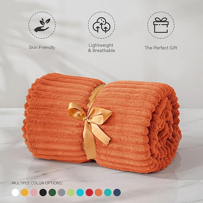BEDELITE Fleece Blanket Twin Size – 3D Ribbed Jacquard Soft and Warm Decorative Fuzzy Blankets – Cozy, Fluffy, Plush Lightweight Throw Blankets for Couch, Bed, Sofa(Orange, 60x80 inches)