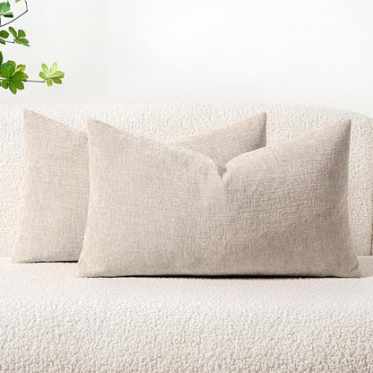 MIULEE Pack of 2 Couch Throw Pillow Covers 12x20 Inch Soft Light Brown Chenille Lumbar Pillow Covers for Sofa Living Room Solid Dyed Cases