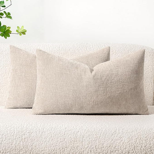 MIULEE Pack of 2 Couch Throw Pillow Covers 12x20 Inch Soft Light Brown Chenille Lumbar Pillow Covers for Sofa Living Room Solid Dyed Cases