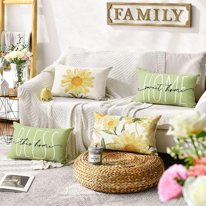 AVOIN colorlife Home Sweet Home Spring Summer Flowers Green Throw Pillow Covers, 12 x 20 Inch Cushion Case for Sofa Couch Set of 4