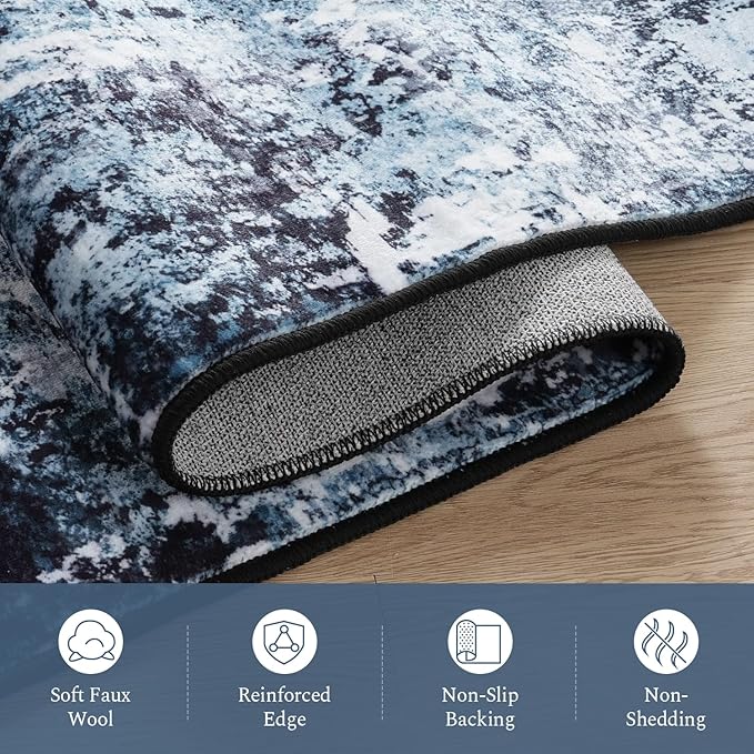 Rugflix 3x5 Entrance Rugs, Entry Rug Washable Non-Slip Stain-Resistant Low Pile Small Modern Dark Carpet, for Living Room Bedroom Indoor, Navy Blue/Black