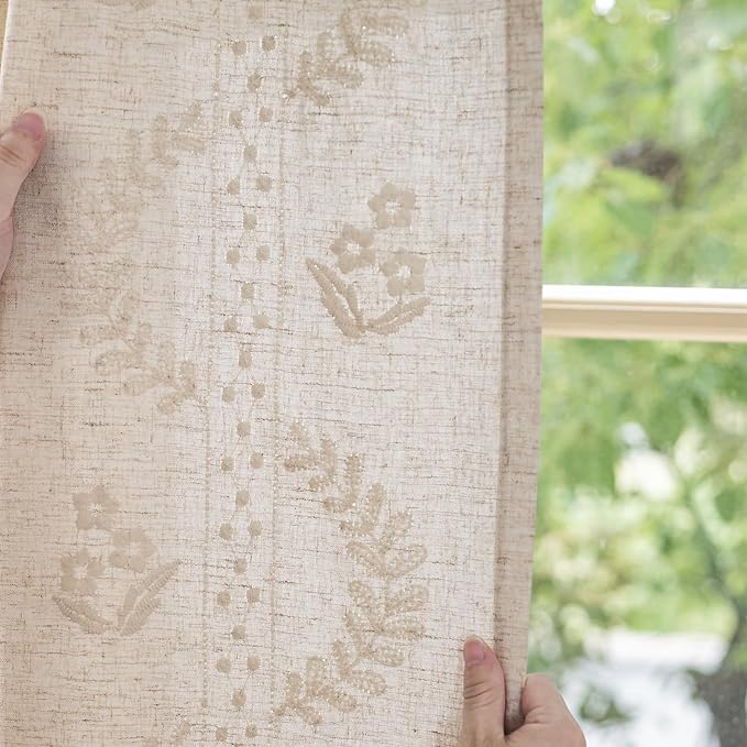 jinchan Belrose Linen Curtains for Bedroom Floral Curtains 96 Inch Length Linen Blend Ivory Embroidered Drapes Farmhouse Flower Patterned Drapes for Living Room Window Treatments Set 2 Panels