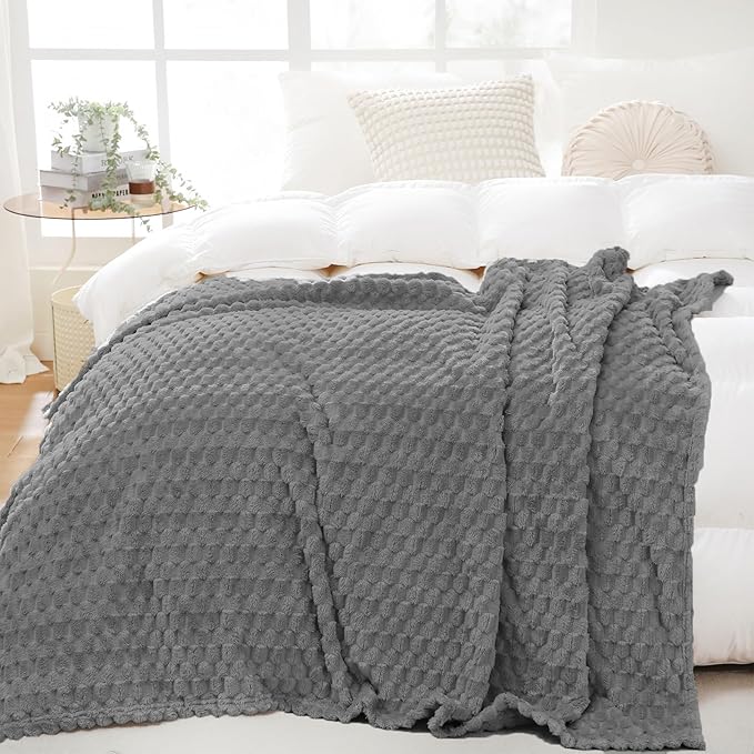 Puncuntex Grey Throw Blanket 60"×80" inches Fuzzy 3D Jacquard Decorative Flannel Fleece Super Soft Plush Cozy Blanket for Couch Sofa Chair Lightweight
