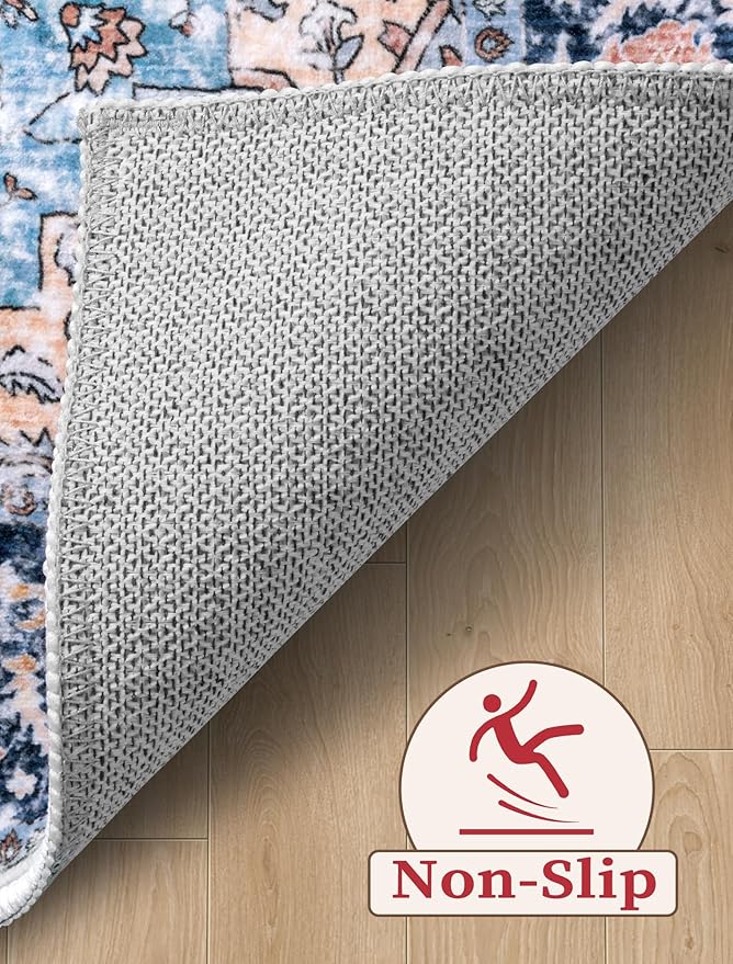 SERISSA Boho Washable Runner Rug, 2x6 Rug Non-Slip Vintage Blue Orange Hallway Kitchen Runner Rug Ultra Soft Print Distressed Tribal Floor Carpet for Bedroom Bathroom Laundry Room