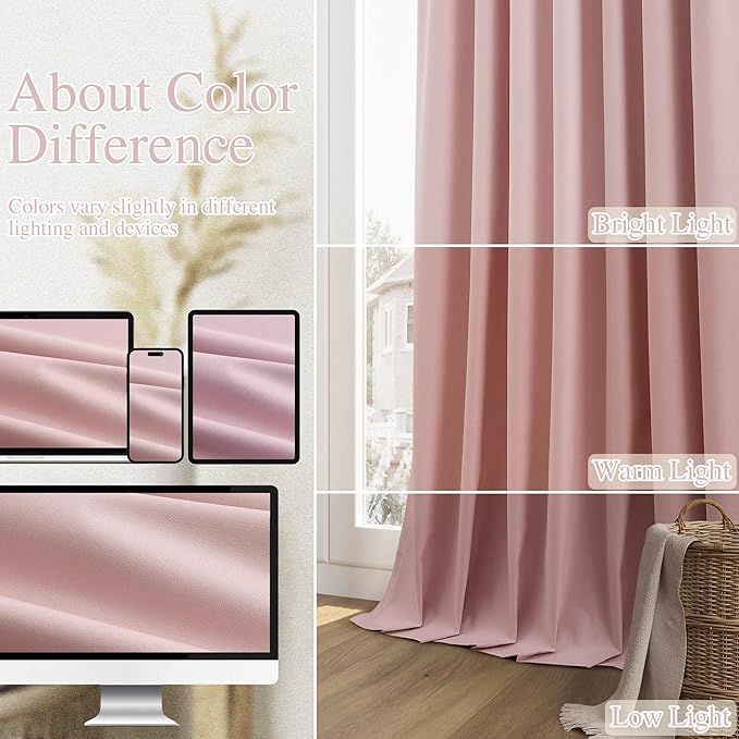 Guken 100% Blackout Linen Curtains 63 Inch 2 Panels Set for Girl's Bedroom, Living Room, Nursery, Back Tab Thermal Insulated Black Out Drapes Room Darkening, Pink