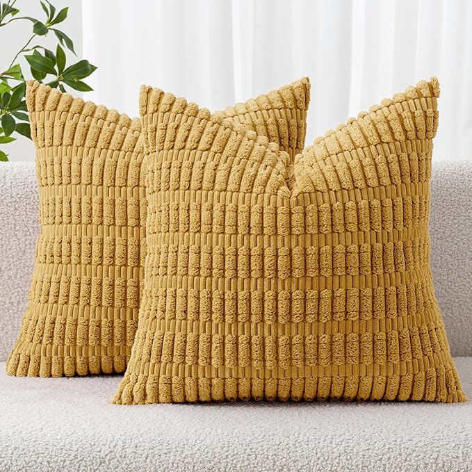 MIULEE Pack of 2 Corduroy Decorative Throw Pillow Covers 20x20 Inch Soft Boho Striped Pillow Covers Modern Farmhouse Home Decor for Summer Sofa Living Room Couch Bed Yellow