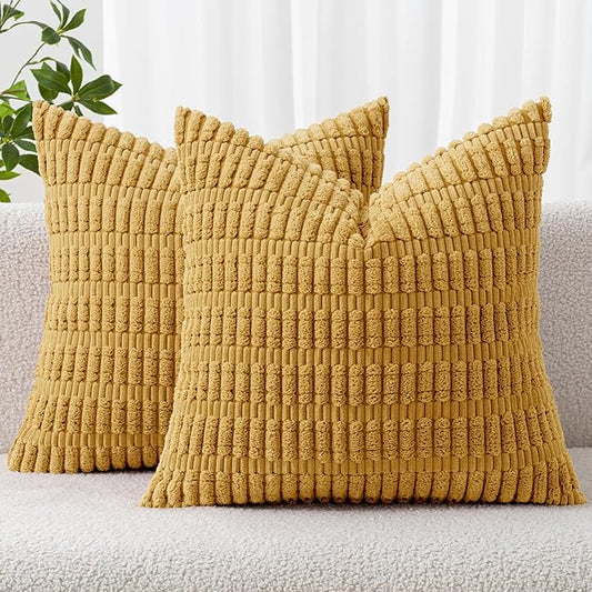 MIULEE Pack of 2 Corduroy Decorative Throw Pillow Covers 20x20 Inch Soft Boho Striped Pillow Covers Modern Farmhouse Home Decor for Summer Sofa Living Room Couch Bed Yellow