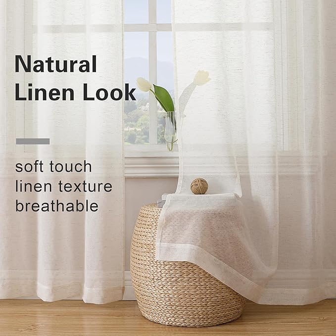 Simplebrand Natural Linen Textured Sheer Curtains 72 inches Long 2 Panels, Rod Pocket Solid Color Window Sheer Curtain Panels, Elegant Curtains & Drapes for Living Room, Bedroom (40" W x 72" L)