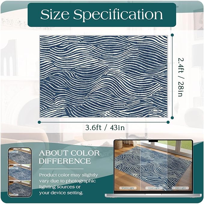 Modern Outdoor Rug - 28" x 43" Front Door Mat Indoor Outside Entrance Non-Slip Washable Outdoor Mat Navy Blue White Ocean Waves Rug for Entryway Kitchen Bedroom Layered Doormat for Front Porch