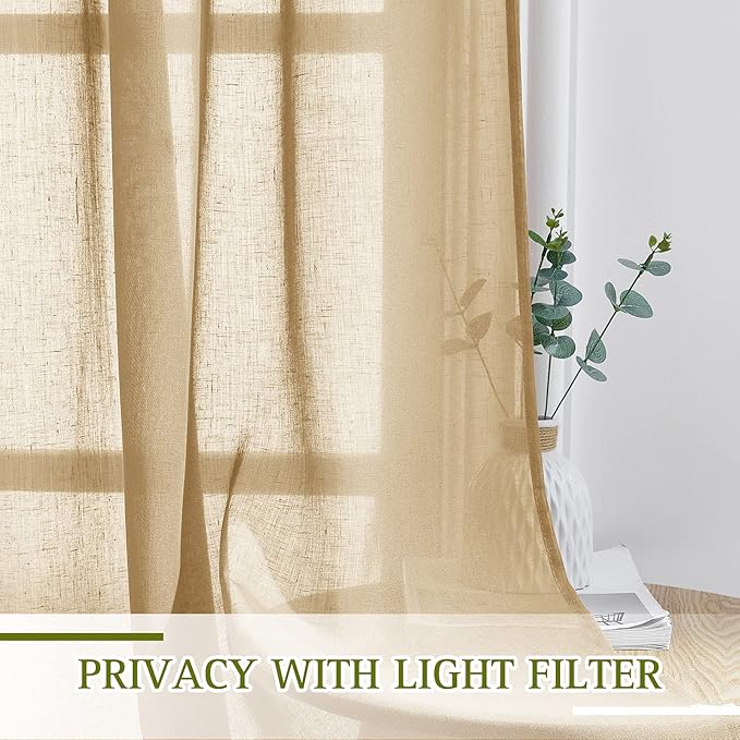 NICETOWN Sheer Linen Curtains for Sliding Glass Door, Grommet Semi Sheer Linen Blend Window Drapes Privacy with Light Filtering for Bedroom/Living Room, Camel, W70 x L84, 2 Panels