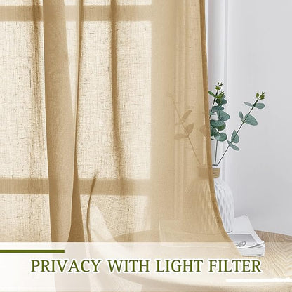 NICETOWN Sheer Linen Curtains for Sliding Glass Door, Grommet Semi Sheer Linen Blend Window Drapes Privacy with Light Filtering for Bedroom/Living Room, Camel, W70 x L84, 2 Panels