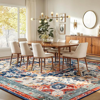 Rugflix 8x10 Area Rug for Living Room, Machine Washable Area Rugs with Non-Slip Backing, Large Soft Boho Vintage Rug for Bedroom, Dining Room, Low Pile Carpet, Kids Pet Friendly, Red