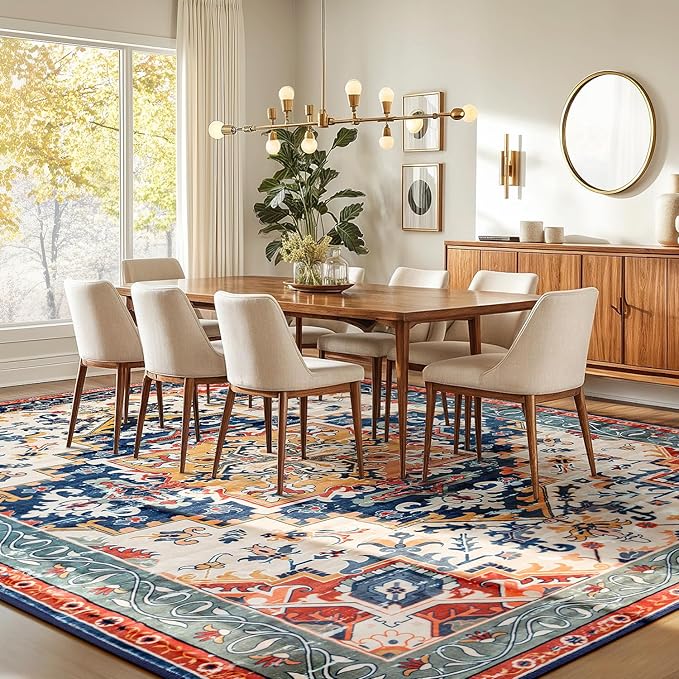 Rugflix 5x7 Area Rug for Living Room, Machine Washable Area Rugs with Non-Slip Backing, Large Soft Boho Vintage Rug for Bedroom, Dining Room, Low Pile Carpet, Kids Pet Friendly, Red
