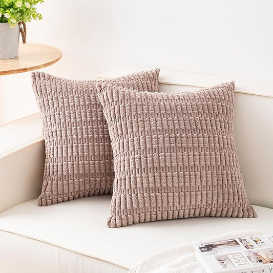 Pack of 2 Corduroy Decorative Throw Pillow Covers 20x20 Inch Soft Striped Pillow Covers Modern Farmhouse Home Decor for Sofa Living Room Couch Bed（Light Brown）