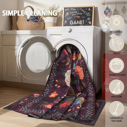 Area Rugs 9x12 Living Room Washable Rug Non Slip Floral Low Pile Large Rug for Living Room, Bedroom, Farmhouse, Dining Room, Kids Playroom(Purple Lawn, 9 x 12)