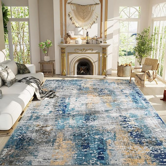 Living Room Rug 7x10 Ultramarine Area Rugs Machine Washable Abstract Boho Large Rug Non-Slip Non-Shedding Faux Wool Indoor Vintage Carpet for Bedroom, Classroom, Dining Room, Kids Playroom