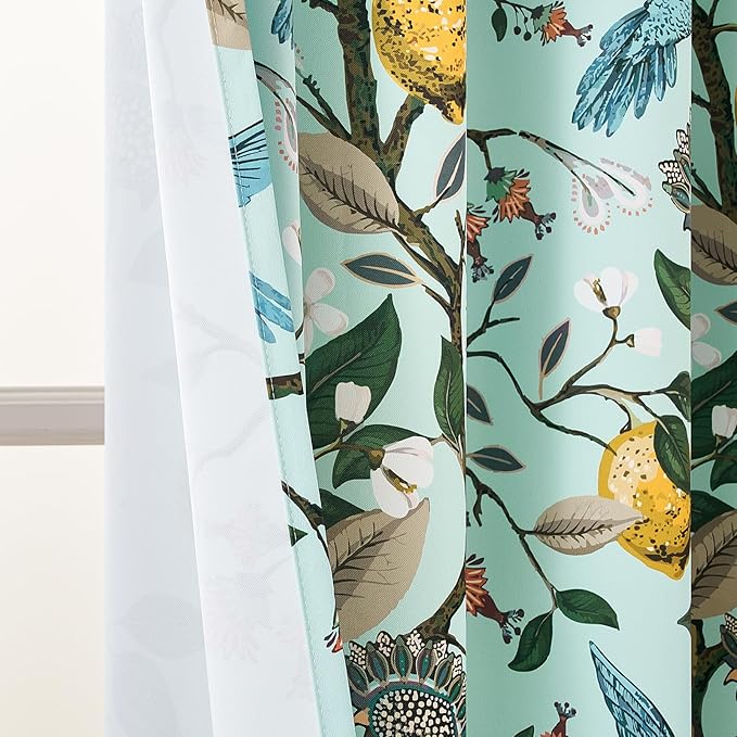 Topfinel 90 Inches Long Curtains Mint Green Whimsical Woodland Leaf Jungle Flower Hummingbird Victorian Grommet Thick Sage Green Curtains for Balcony Sliding Glass Office Bedroom Living Room