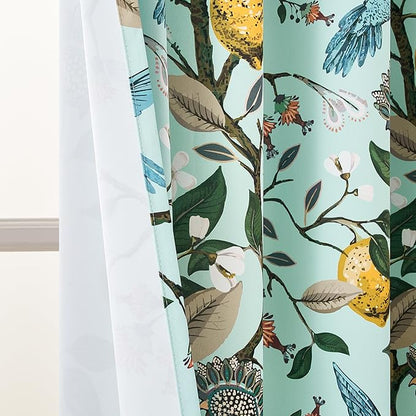 Topfinel 90 Inches Long Curtains Mint Green Whimsical Woodland Leaf Jungle Flower Hummingbird Victorian Grommet Thick Sage Green Curtains for Balcony Sliding Glass Office Bedroom Living Room