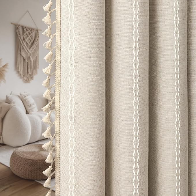 Boho Blackout Curtains 72 Inches Long Beige Linen Blend 2 Panels with Tassels and Cotton Embroidery, Farmhouse Vintage Rustic Rod Pocket Drapes for Living Room or Bedroom