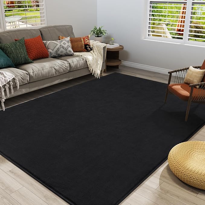 Amearea Large Modern Area Rugs for Bedroom Living Room, 8x10 Feet Black Thickened Memory Foam Rug, Fluffy Indoor Washable Rugs Non Slip Minimalist Carpet for Boys Girls Dorm Nursery Room Decor