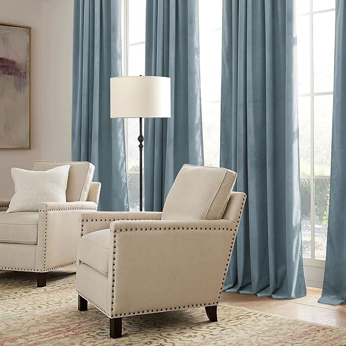 RYB HOME Stone Blue Velvet Curtains 102 inches with Hook Belt, Soft Fabric Room Darkening Thermal Insulated Luxurious Home Decor Curtains for Living Room Bedroom, W 52" x L 102", 2 Panels Set