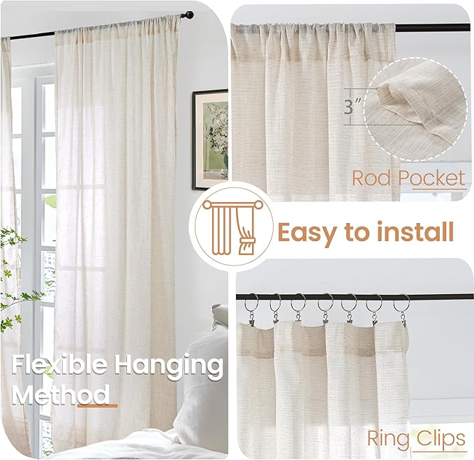 BGment Oatmeal Linen Curtains 40 Inch Length for Kitchen Cafe Window - Half Window Drapes Semi Sheer with Rod Pocket Light Filtering for Bathroom Lightweight, 2 Panels Set, 30 X 40 Inch