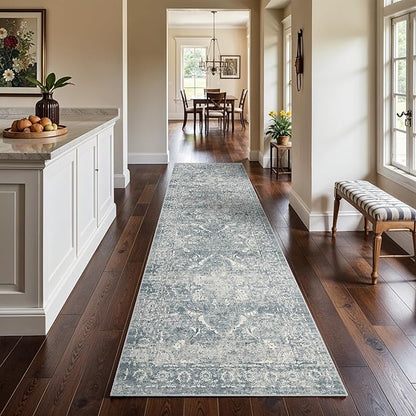 Washable 3x12 Runner Rug - Non-Slip Vintage Thin Rug for Entryway Low-Pile Medallion Long Rugs for Hallway Waterproof Traditional Runner Indoor Thin Rug for Kitchen (Blue)