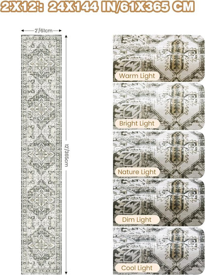 Hallway Runner Rug 2x12, Extra Long Washable Runner Rugs with Rubber Backing, Non Slip Runner, Vintage Rug Runners for Kitchen Laundry Room Entryway (Grey/Beige,2'x12')