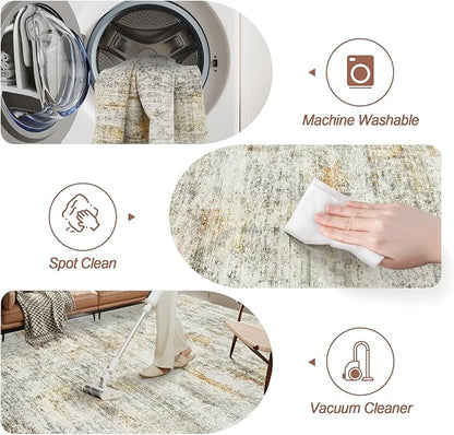 10x14 Area Rugs for Living Room, Non Slip Machine Washable Vintage Rugs, Low Pile Lightweight Large Rug for Bedroom, Dining Room, Home Office Gray Rust