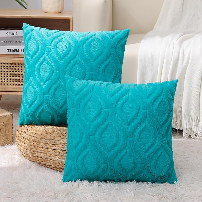 decorUhome Summer Throw Pillow Covers 16x16 Inch Set of 2, Soft Plush Faux Wool Turquoise Solid Couch Pillow Covers, Accent Farmhouse Neutral Square Pillow Cases for Sofa Bed Living Room