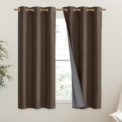 NICETOWN Coffee Vintage Linen 100% Blackout Curtains for Dining Room, Thermal Insulated Curtains 45" Long, Noise Reducing Window Treatment Drapes for Kitchen, 42" Wide Per Panel, Set of 2