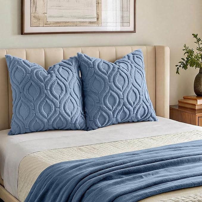 decorUhome Throw Pillow Covers 16x16 Inch Set of 2, Soft Plush Faux Wool Dusty Blue Solid Couch Pillow Covers, Accent Farmhouse Neutral Square Pillow Cases for Sofa Bed Living Room