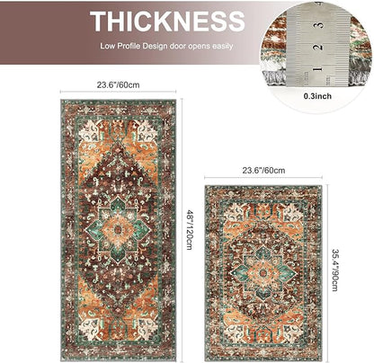 Yamaziot Washable Kitchen Runner Rug Set of 2, Non-Slip Boho Vintage Hallway Rug Runner with Rubber Backing, Stain Resistant & Low Pile Distressed Carpet Runner for Bedroom, Kitchen, Laundry, Entrance
