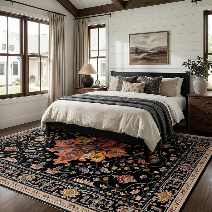RELEANY Area Rugs 9'x12' Washable Non-Slip, Floral Vintage Distress Print Pattern Medallion Carpet for Living Room Bedroom Dining Room, Black Colorful Floral Dark Tan