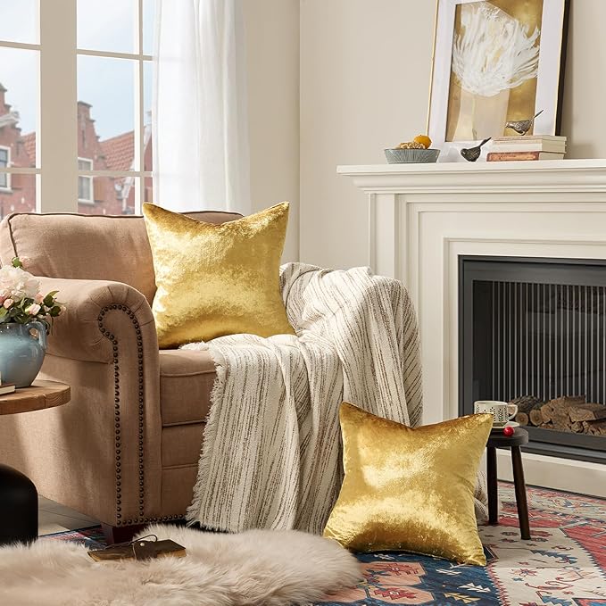 GIGIZAZA Gold Velvet Pillow Covers 16x16, Set of 2 Couch Throw Decorative Pillow Covers Soft Modern Living Room Square Cushion Fall Pillowcases