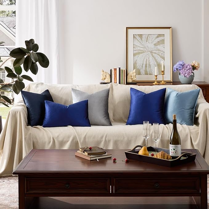 GIGIZAZA Blue Decorative Throw Pillow Covers, 20x20 Velvet Square Solid Couch Pillows for Bedroom Set of 2 Modern Home Decor Super Soft Cushion Pillowcases