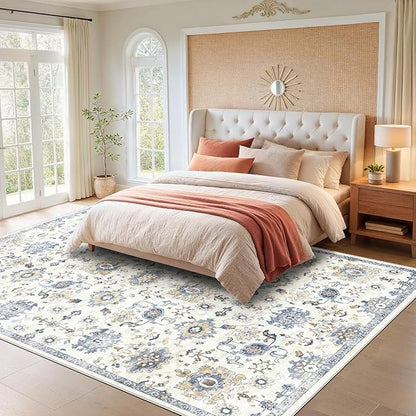 AMADA HOMEFURNISHING 6x9 Area Rugs, Blue Low-Profile Washable Rug with Non-Slip Backing & Durable Edge Binding, Vintage Rugs for Living Room, Bedroom, Dining Room