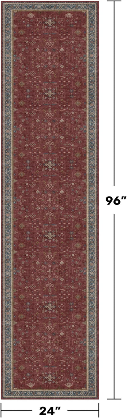 Red 2x8 Long Hallway Runner Rug - Boho Washable Indoor Front Door Mat for Entryway, Non Skid Rugs for Kitchen, Vitange Geometric Floral Low Pile & Soft Runner Carpet