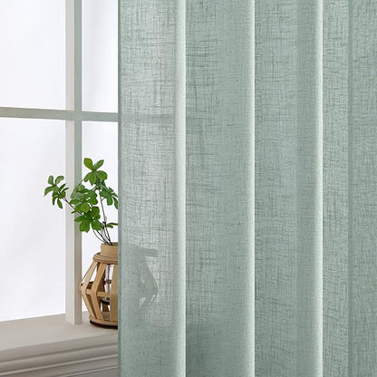 MIULEE Sea Green Linen Curtains 90 Inch Long for Bedroom Living Room, Soft Thick Linen Textured Window Drapes Semi Sheer Light Filtering Back Tab Rod Pocket Burlap Look Aqua Decor, 2 Panels